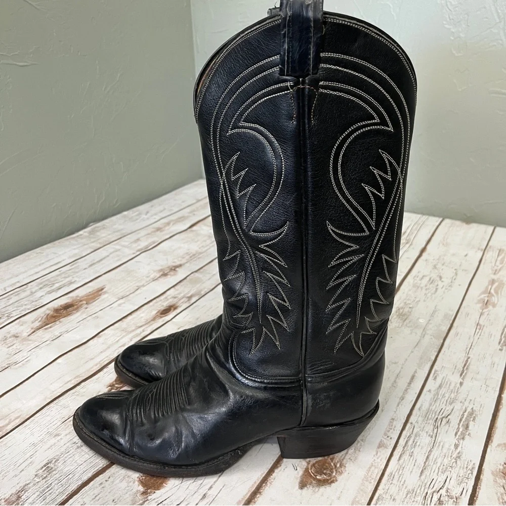 Tony Lama Black Western Cowboy Boots Size 8? Leather vintage black label El Paso - Picture 13 of 15